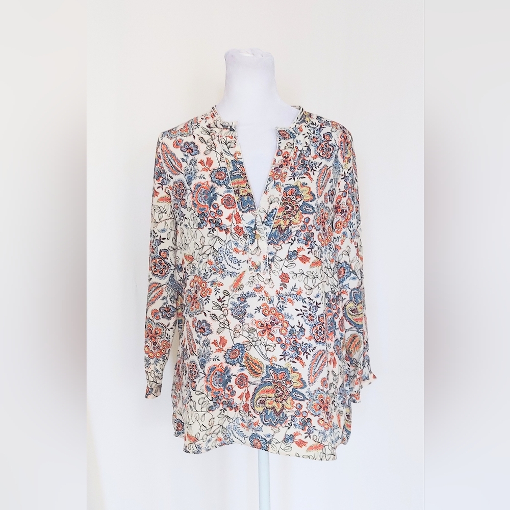 Zara Basics Long Sleeve V Neck Tunic Top Size Small Floral